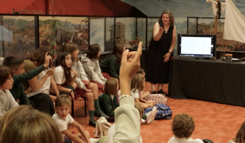 Anne-Marie Alleaume delivering engagement activities to a group of school children at the Maritime Museum in Bilbao, Spain
