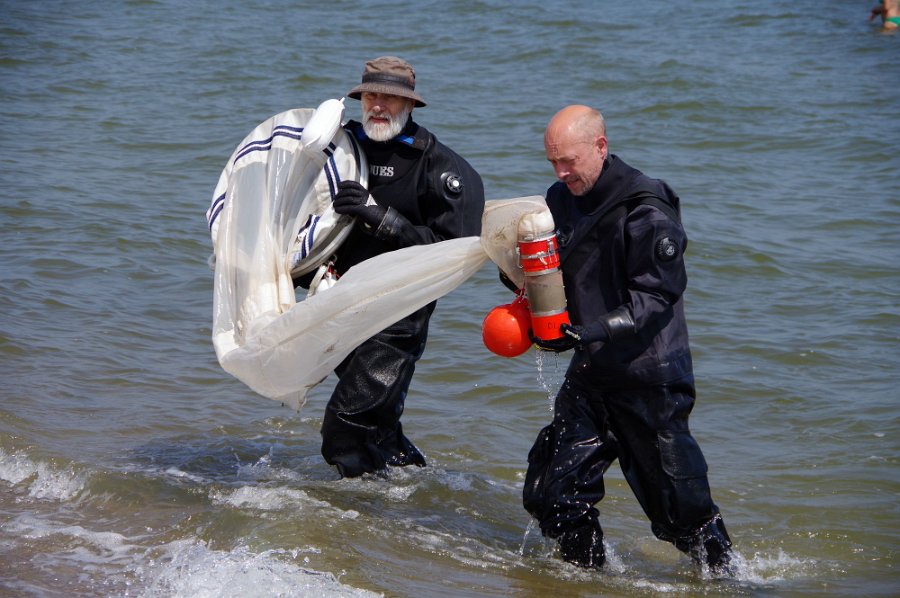 Two contributors to the BioBlitz collection day - two men dressed in wet suits carrying sampling equipment on the shore of the sea